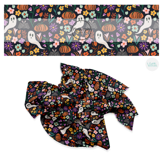 White ghost, black bats, orange pumpkins, and multi flowers on black hair bow strips