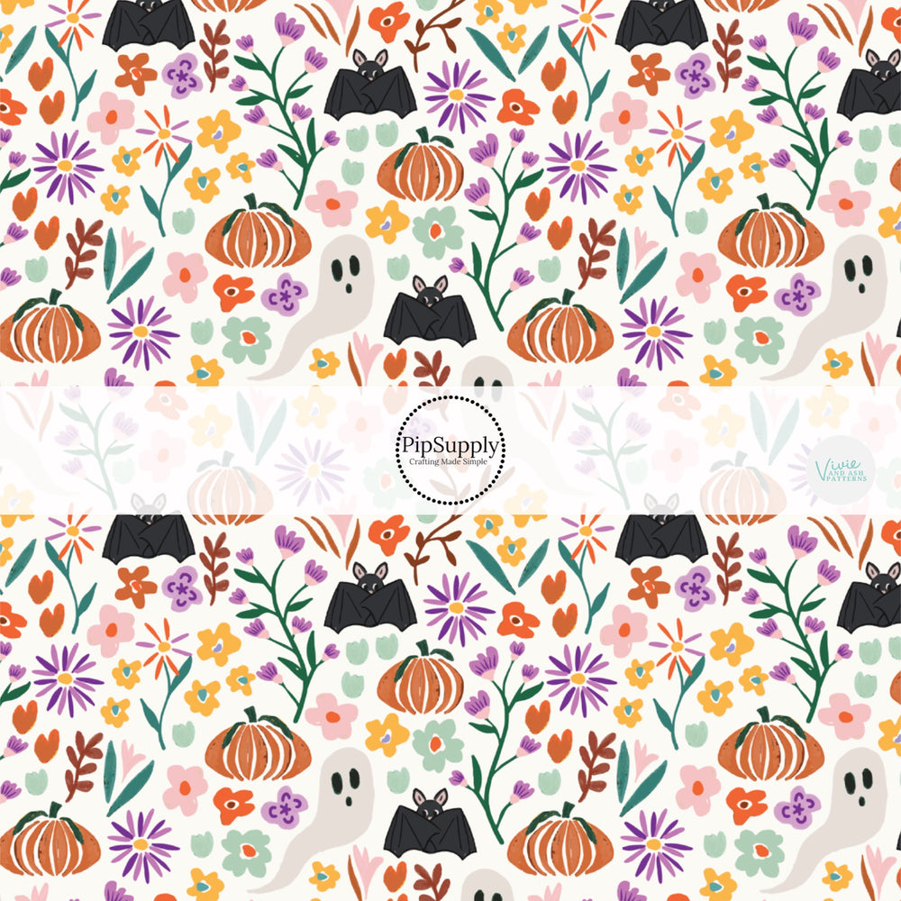 Multi flowers with ghosts, bats, and pumpkins on cream hair bow strips