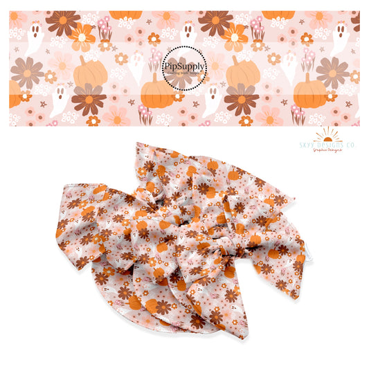 Ghost with flowers and pumpkins on light pink hair bow strips