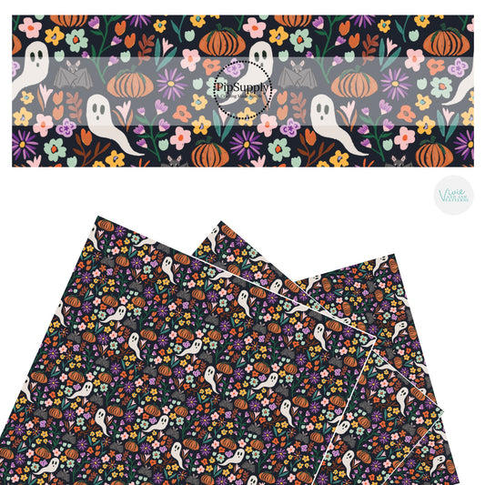 Ghost with multi flowers and pumpkins on black faux leather sheets