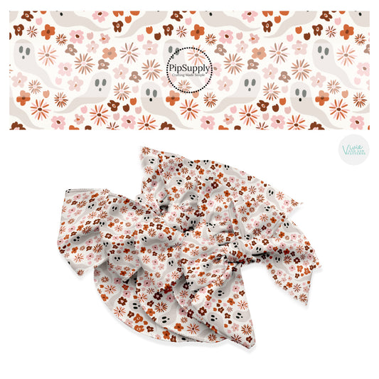 Rust and pink multi flowers with ghost on cream hair bow strips