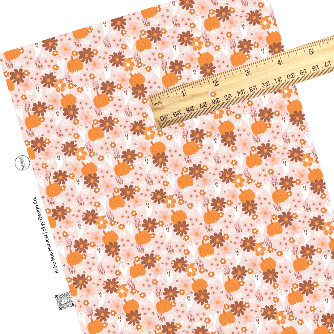 Floral ghost and pumpkins on pink faux leather sheets