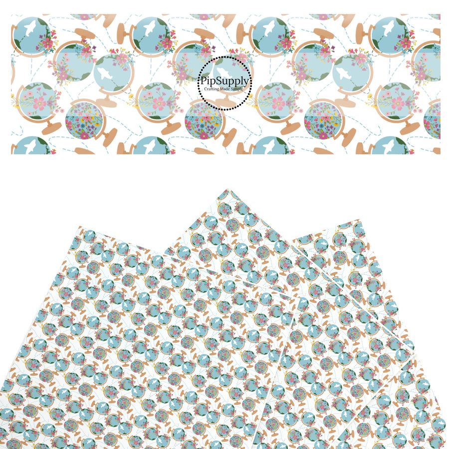 These travel themed faux leather sheets contain the following design elements: floral world globes pattern. Our CPSIA compliant faux leather sheets or rolls can be used for all types of crafting projects.
