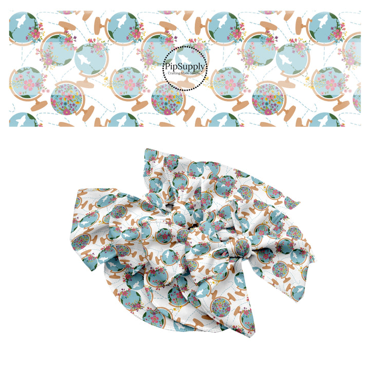 These travel themed no sew bow strips can be easily tied and attached to a clip for a finished hair bow. These bow strips are great for personal use or to sell. These bow strips feature the following design elements: floral world globes pattern.