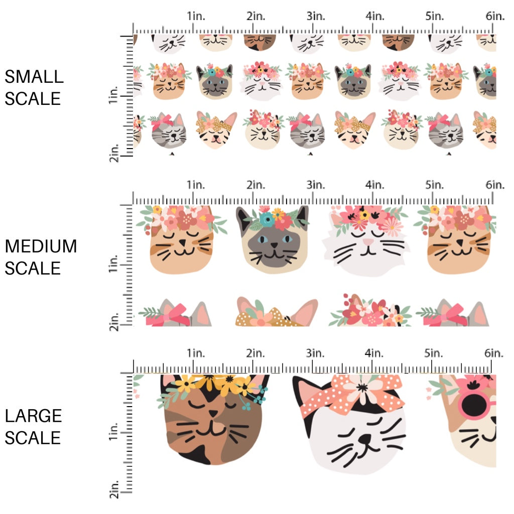This scale chart of small scale, medium scale, and large scale of this floral fabric by the yard features kitties with flower crowns on white. This fun themed fabric can be used for all your sewing and crafting needs!