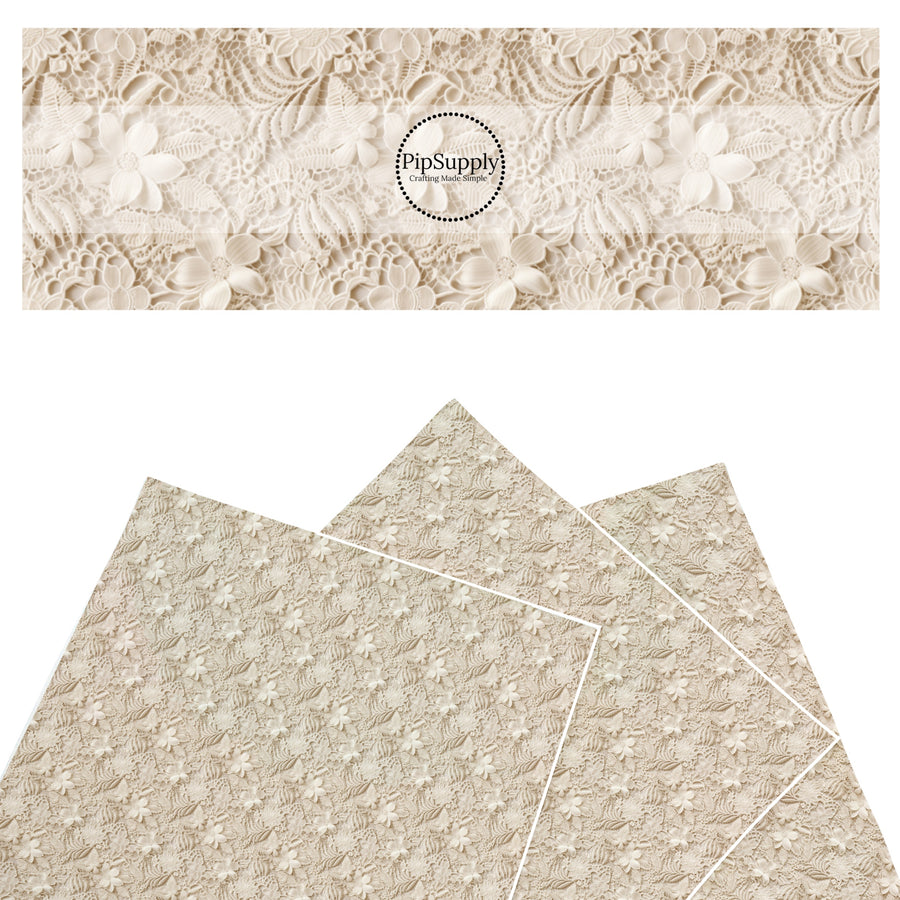 These cream lace pattern faux leather sheets contain the following design elements: floral lace. Our CPSIA compliant faux leather sheets or rolls can be used for all types of crafting projects.These patterns are not embroidered. It is just the design to give it the embroidered look.