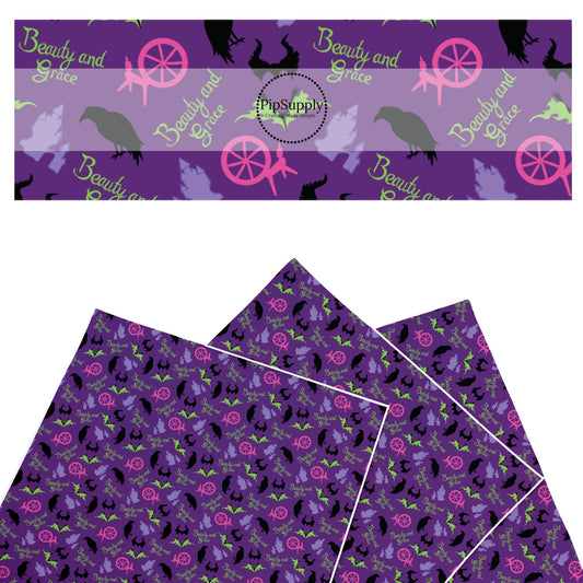 This magical adventure inspired faux leather sheets contain the following design: "Beauty and Grace" sayings, castles, flowers, and birds on purple. Our CPSIA compliant faux leather sheets or rolls can be used for all types of crafting projects.