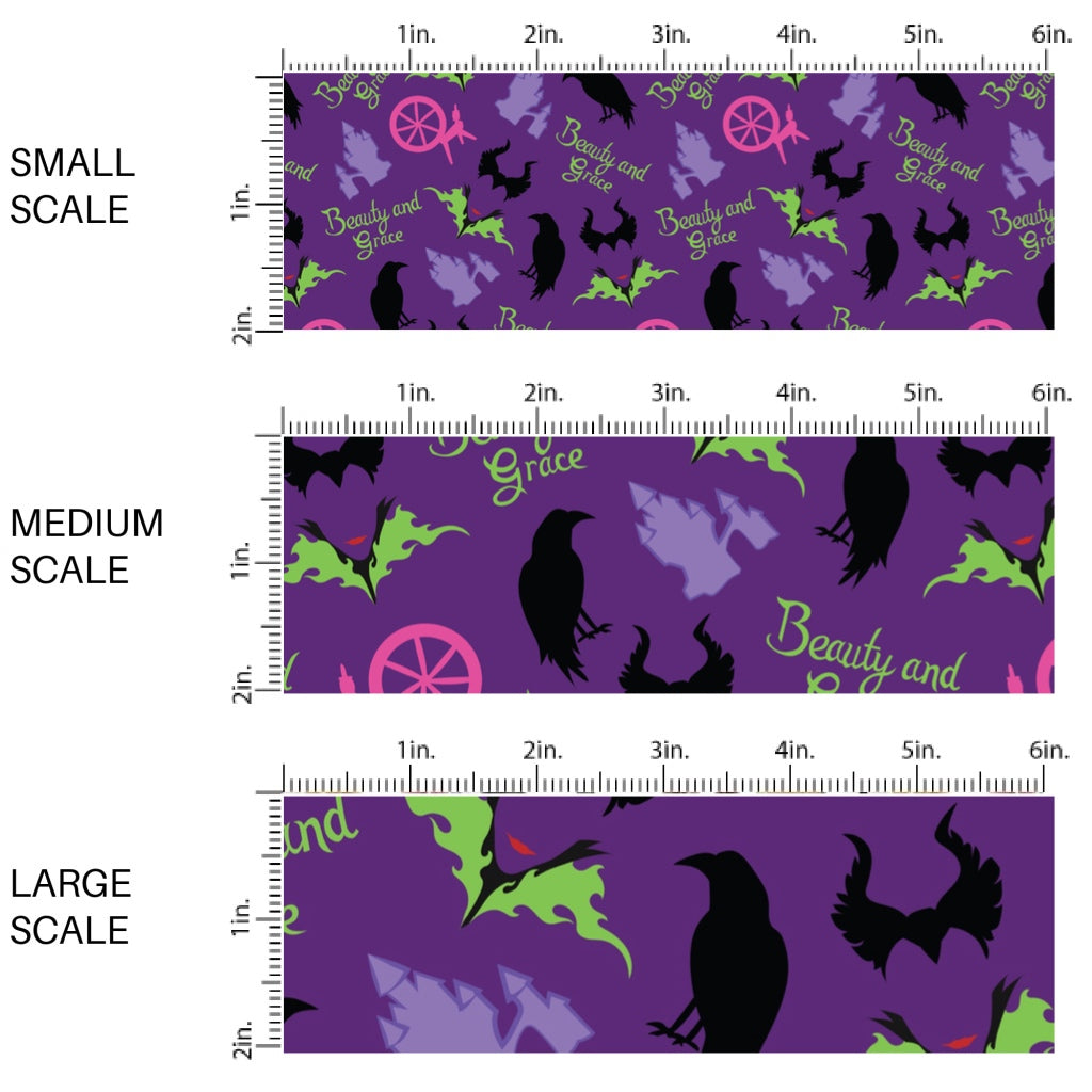 This scale chart of small scale, medium scale, and large scale of this magical adventure inspired fabric by the yard features the following design: "Beauty and Grace" sayings, castles, flowers, and birds on purple. This fun themed fabric can be used for all your sewing and crafting needs!