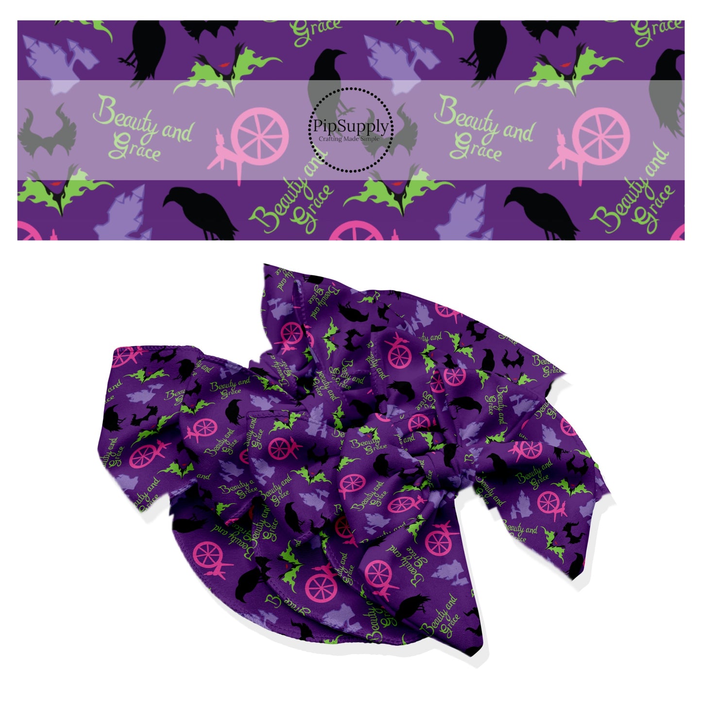 These magical adventure inspired themed no sew bow strips can be easily tied and attached to a clip for a finished hair bow. These fun themed patterned bow strips are great for personal use or to sell. These bow strips feature the following design: "Beauty and Grace" sayings, castles, flowers, and birds on purple.