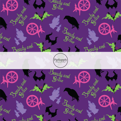 These magical adventure inspired themed no sew bow strips can be easily tied and attached to a clip for a finished hair bow. These fun themed patterned bow strips are great for personal use or to sell. These bow strips feature the following design: "Beauty and Grace" sayings, castles, flowers, and birds on purple.