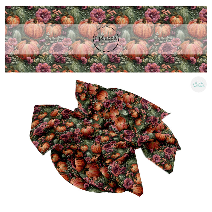 Dakr flowers and pumpkins hair bow strips