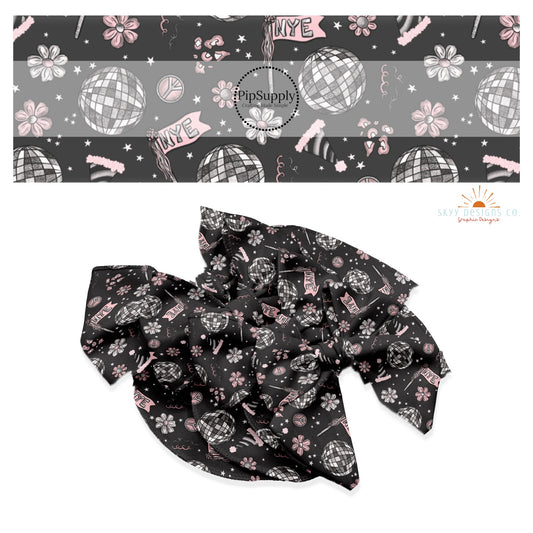 Pink and gray new years floral party hair bow strips