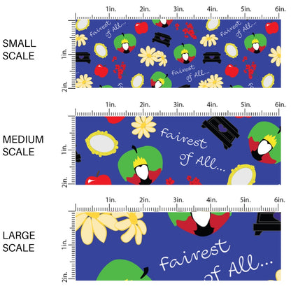 This scale chart of small scale, medium scale, and large scale of this magical adventure inspired fabric by the yard features the following design: "Fairest of All" saying, apples, flowers, and mirrors on blue. This fun themed fabric can be used for all your sewing and crafting needs!