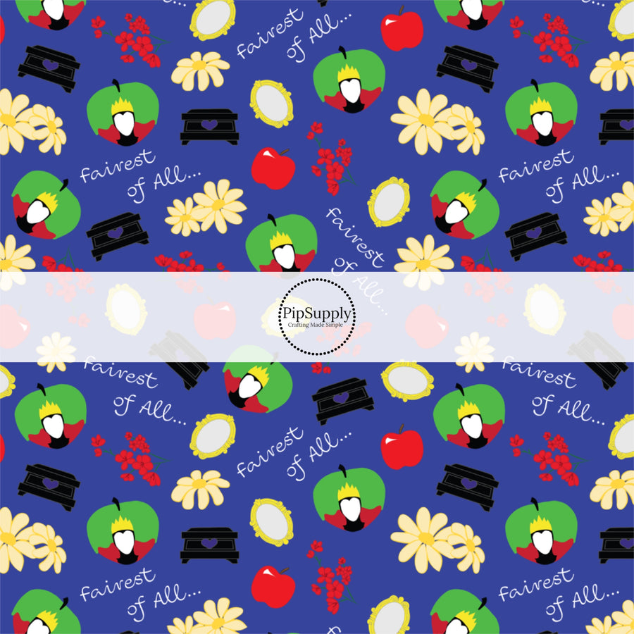 This magical adventure inspired fabric by the yard features the following design: "Fairest of All" saying, apples, flowers, and mirrors on blue. This fun themed fabric can be used for all your sewing and crafting needs!