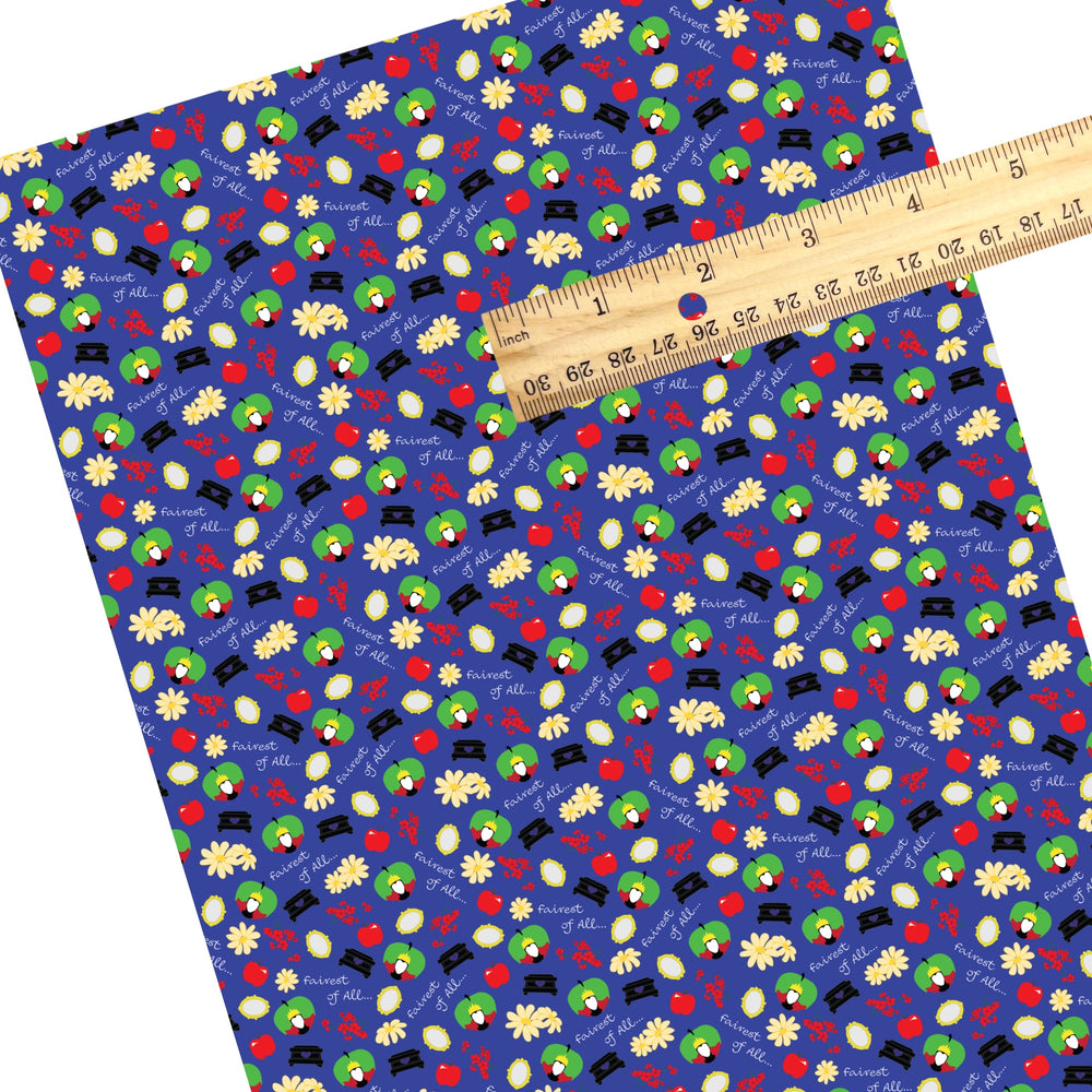 This magical adventure inspired faux leather sheets contain the following design: "Fairest of All" saying, apples, flowers, and mirrors on blue. Our CPSIA compliant faux leather sheets or rolls can be used for all types of crafting projects.