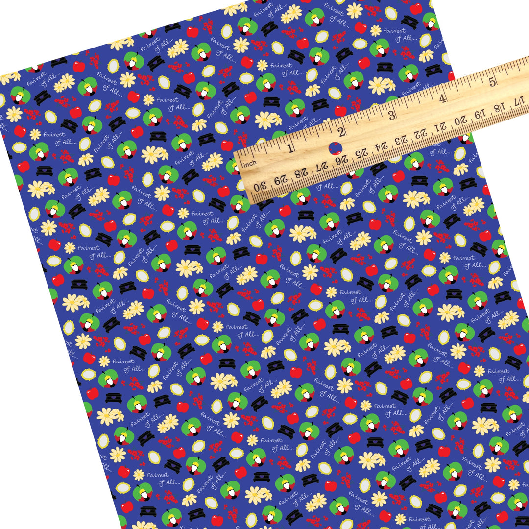 This magical adventure inspired faux leather sheets contain the following design: "Fairest of All" saying, apples, flowers, and mirrors on blue. Our CPSIA compliant faux leather sheets or rolls can be used for all types of crafting projects.