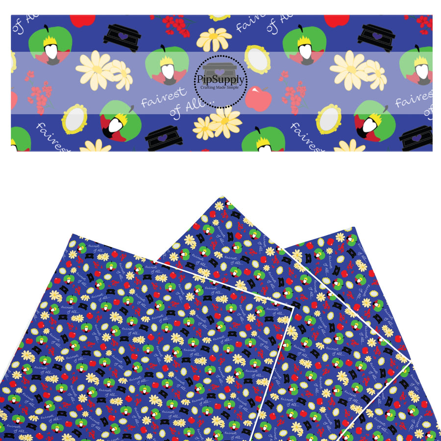 This magical adventure inspired faux leather sheets contain the following design: "Fairest of All" saying, apples, flowers, and mirrors on blue. Our CPSIA compliant faux leather sheets or rolls can be used for all types of crafting projects.