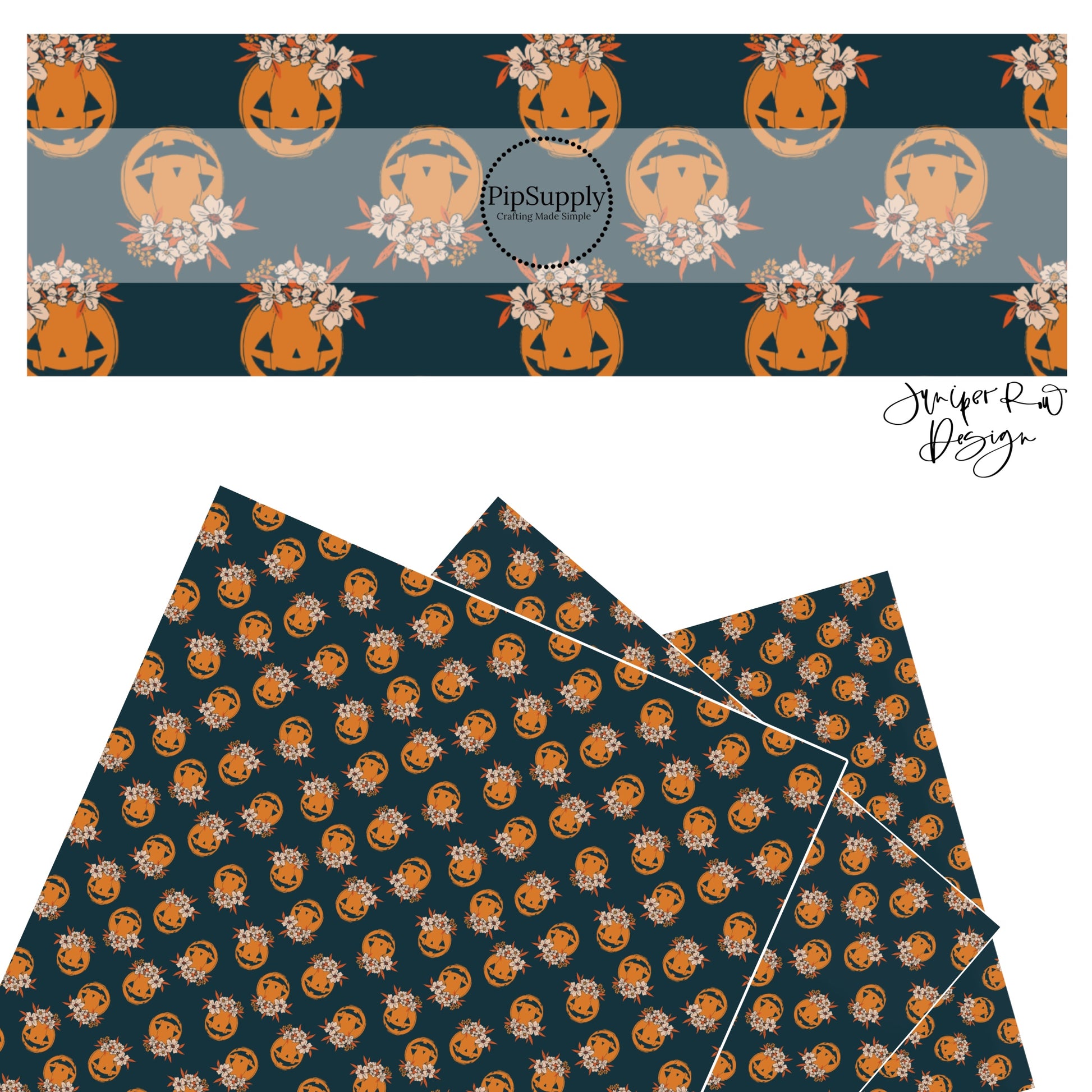 Orange pumpkins with flowers on black faux leather sheet