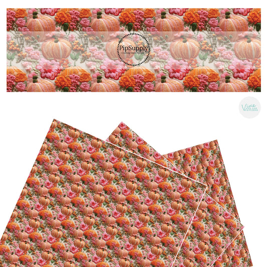 Pink and orange pumpkins with flowers faux leather sheets