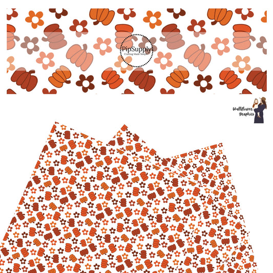 Multi pumpkins with flowers on white faux leather sheets