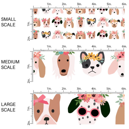 This scale chart of small scale, medium scale, and large scale of this floral fabric by the yard features puppies with flower crowns on white. This fun themed fabric can be used for all your sewing and crafting needs!