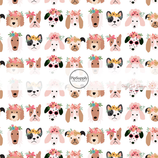 This floral fabric by the yard features puppies with flower crowns on white. This fun themed fabric can be used for all your sewing and crafting needs!
