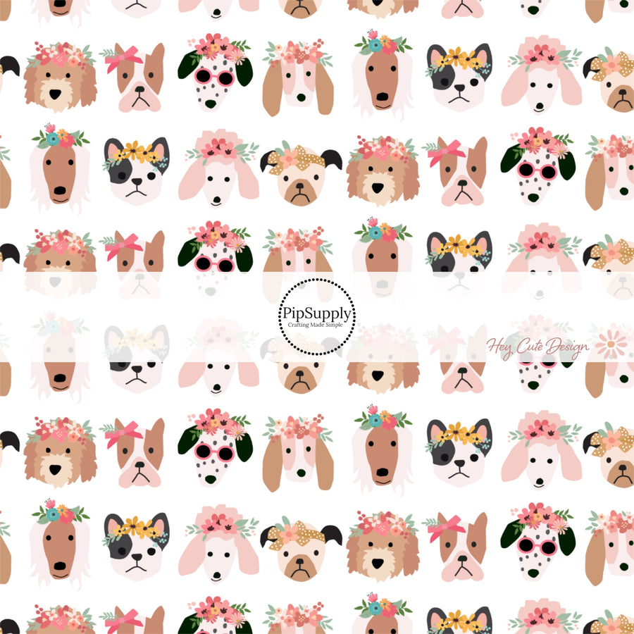 This floral fabric by the yard features puppies with flower crowns on white. This fun themed fabric can be used for all your sewing and crafting needs!