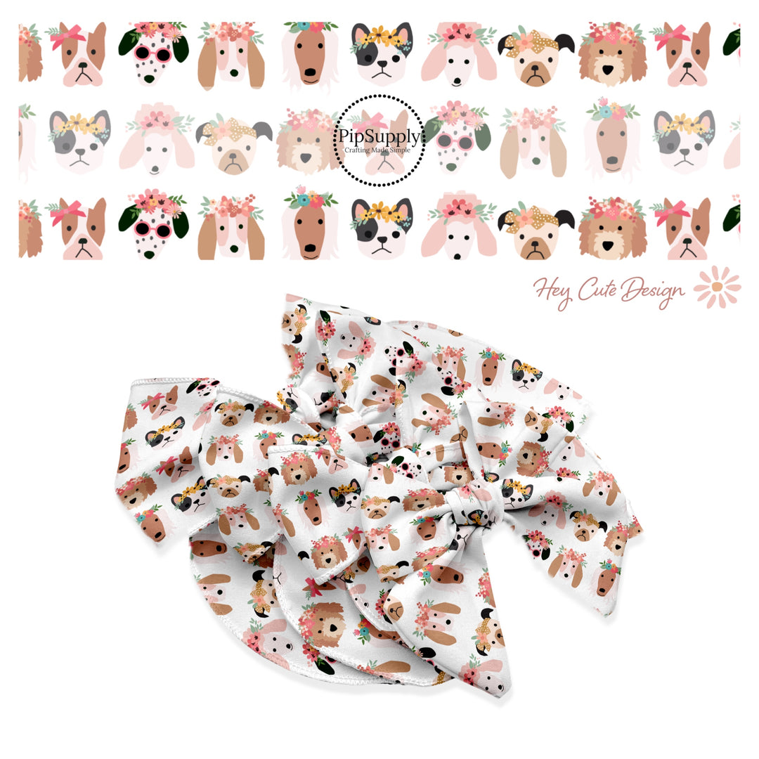 These floral themed no sew bow strips can be easily tied and attached to a clip for a finished hair bow. These summer patterned bow strips are great for personal use or to sell. These bow strips feature puppies with flower crowns on white.