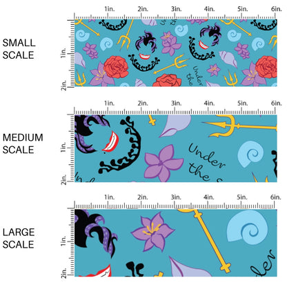This scale chart of small scale, medium scale, and large scale of this ocean inspired fabric by the yard features the following design: floral sea witch and conch shells on blue. This fun themed fabric can be used for all your sewing and crafting needs!