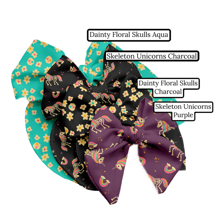 Dainty Floral Skulls Aqua Hair Bow Strips