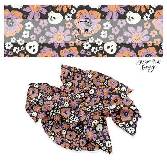 Florals and Skulls Black Purple Hair Bow Strips