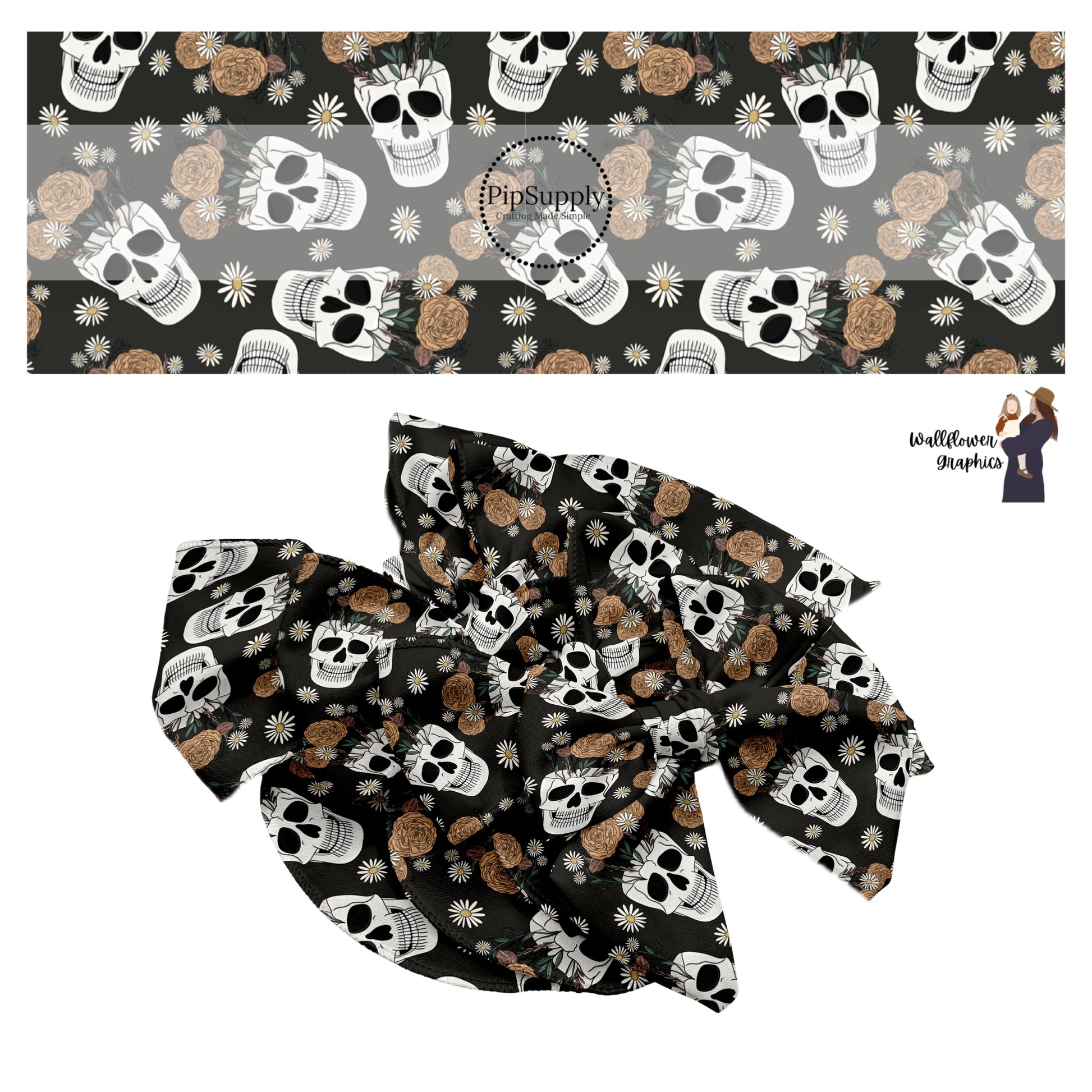 Flowers in skulls on floral black hair bow strips