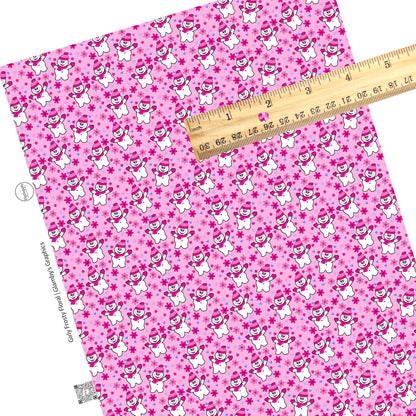 Snowflakes, hearts, flowers, and girly snowman on pink faux leather sheets