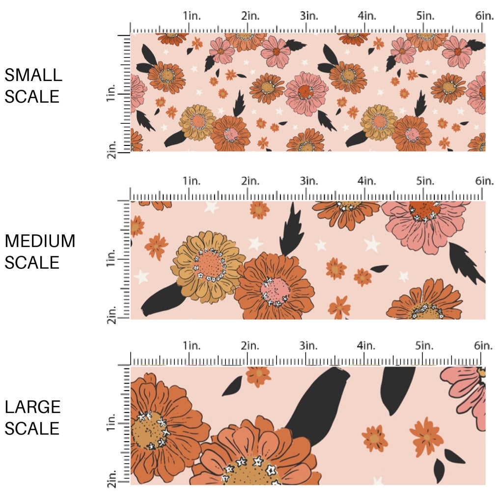 This scale chart of small scale, medium scale, and large scale of these Halloween themed pattern fabric by the yard features the following design elements: multi color flowers on light pink. This fun spooky themed fabric can be used for all your sewing and crafting needs!