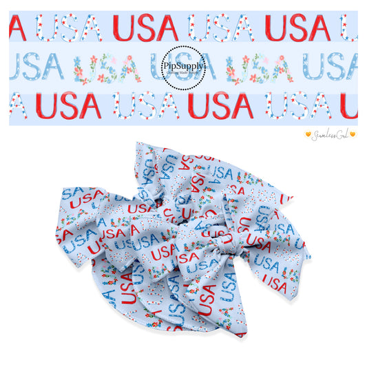 These 4th of July themed no sew bow strips can be easily tied and attached to a clip for a finished hair bow. These patterned bow strips are great for personal use or to sell. These bow strips feature patterned "USA" words on light blue.