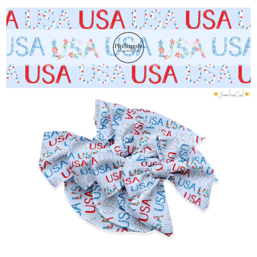 These 4th of July themed no sew bow strips can be easily tied and attached to a clip for a finished hair bow. These patterned bow strips are great for personal use or to sell. These bow strips feature patterned "USA" words on light blue.