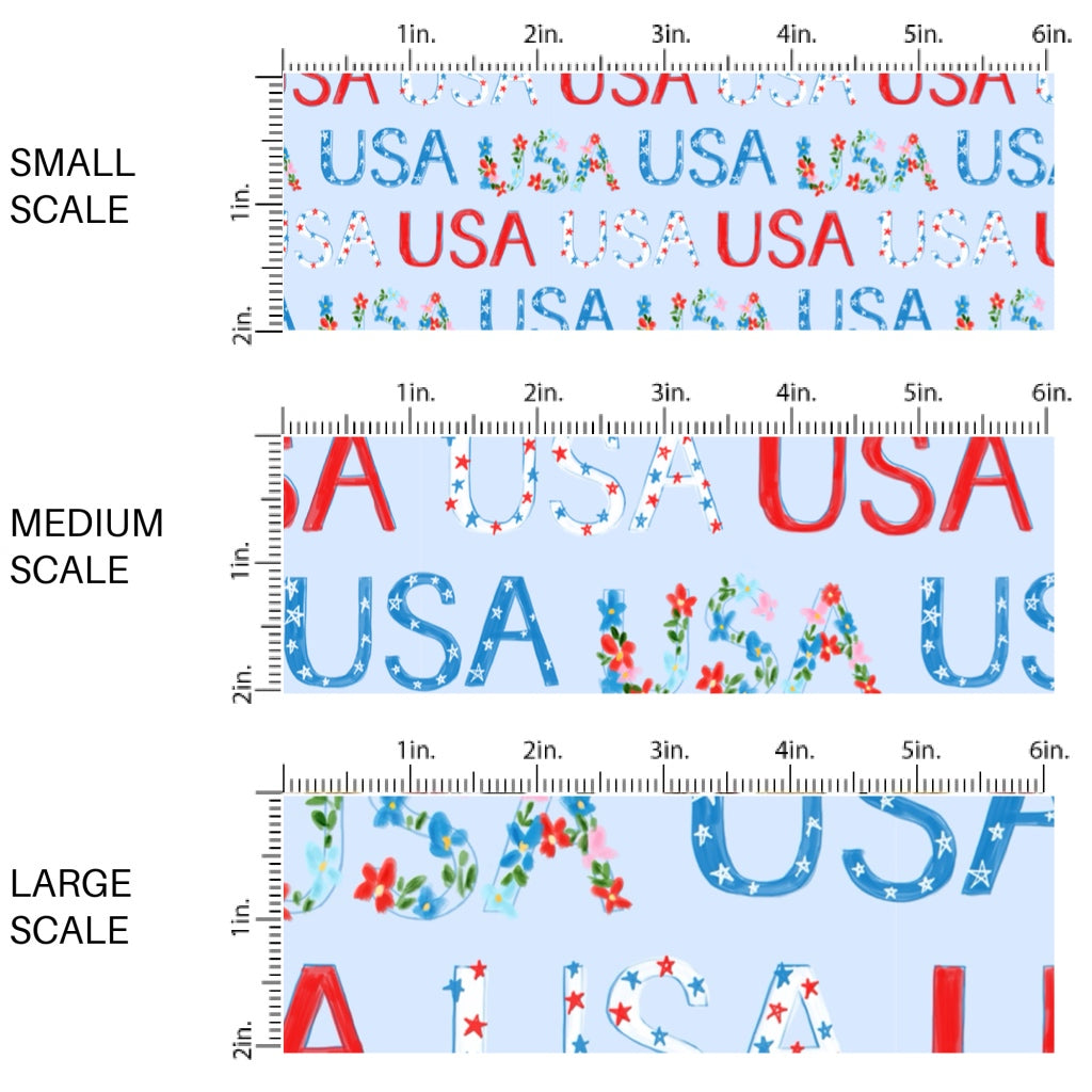 This scale chart of small scale, medium scale, and large scale of this 4th of July fabric by the yard features patterned "USA" words on light blue. This fun patriotic themed fabric can be used for all your sewing and crafting needs!