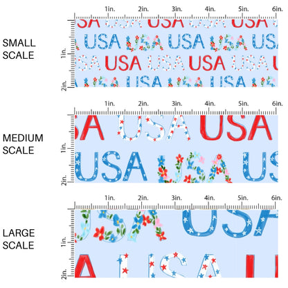 This scale chart of small scale, medium scale, and large scale of this 4th of July fabric by the yard features patterned "USA" words on light blue. This fun patriotic themed fabric can be used for all your sewing and crafting needs!