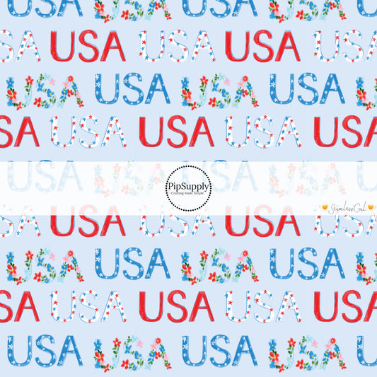 This 4th of July fabric by the yard features patterned "USA" words on light blue. This fun patriotic themed fabric can be used for all your sewing and crafting needs!