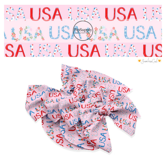 These 4th of July themed no sew bow strips can be easily tied and attached to a clip for a finished hair bow. These patterned bow strips are great for personal use or to sell. These bow strips feature patterned "USA" words on light pink.