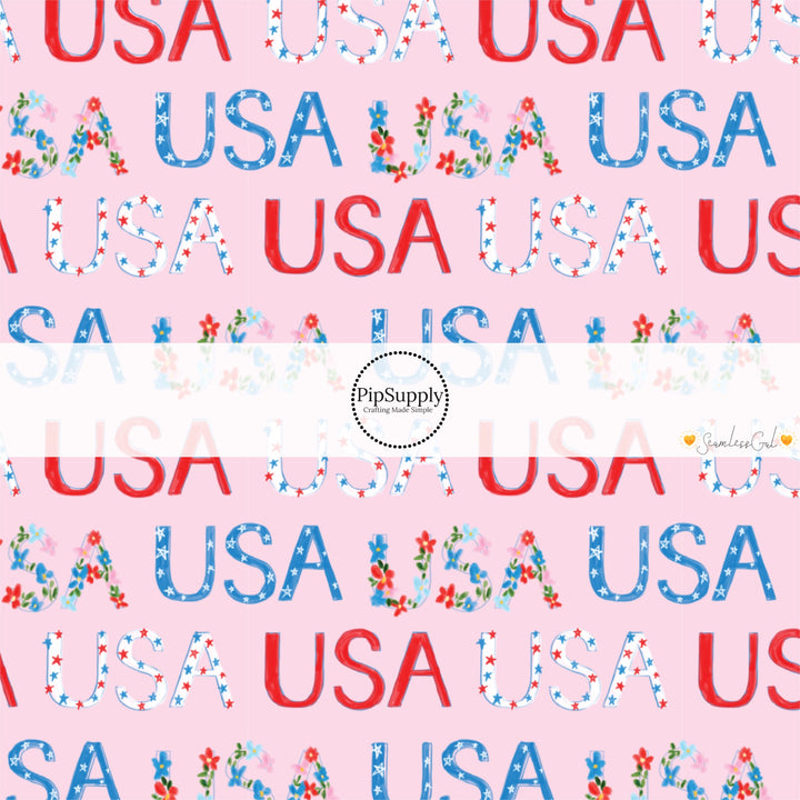 These 4th of July themed no sew bow strips can be easily tied and attached to a clip for a finished hair bow. These patterned bow strips are great for personal use or to sell. These bow strips feature patterned "USA" words on light pink.