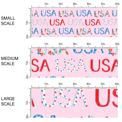This scale chart of small scale, medium scale and large scale of this 4th of July fabric by the yard features patterned "USA" words on light pink. This fun patriotic themed fabric can be used for all your sewing and crafting needs!
