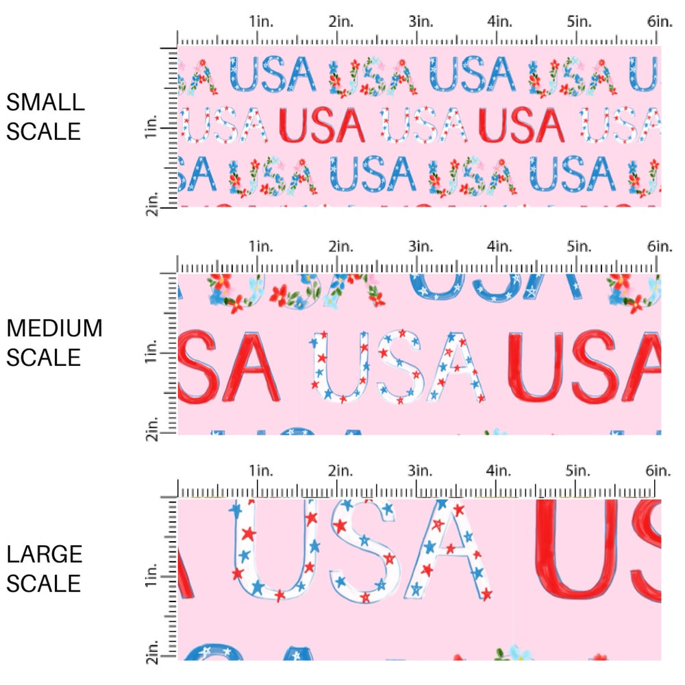 This scale chart of small scale, medium scale and large scale of this 4th of July fabric by the yard features patterned "USA" words on light pink. This fun patriotic themed fabric can be used for all your sewing and crafting needs!