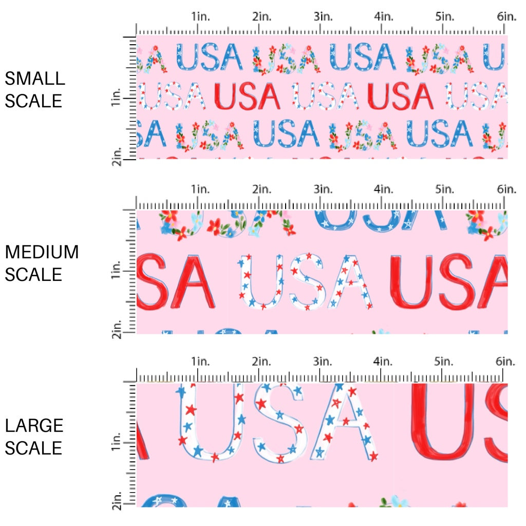 This scale chart of small scale, medium scale and large scale of this 4th of July fabric by the yard features patterned "USA" words on light pink. This fun patriotic themed fabric can be used for all your sewing and crafting needs!