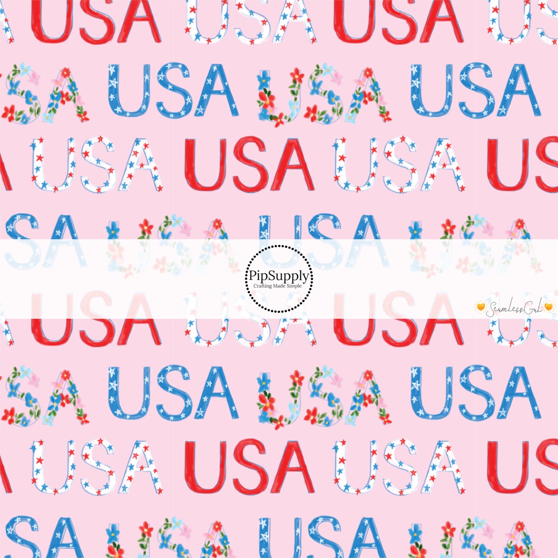 This 4th of July fabric by the yard features patterned "USA" words on light pink. This fun patriotic themed fabric can be used for all your sewing and crafting needs!