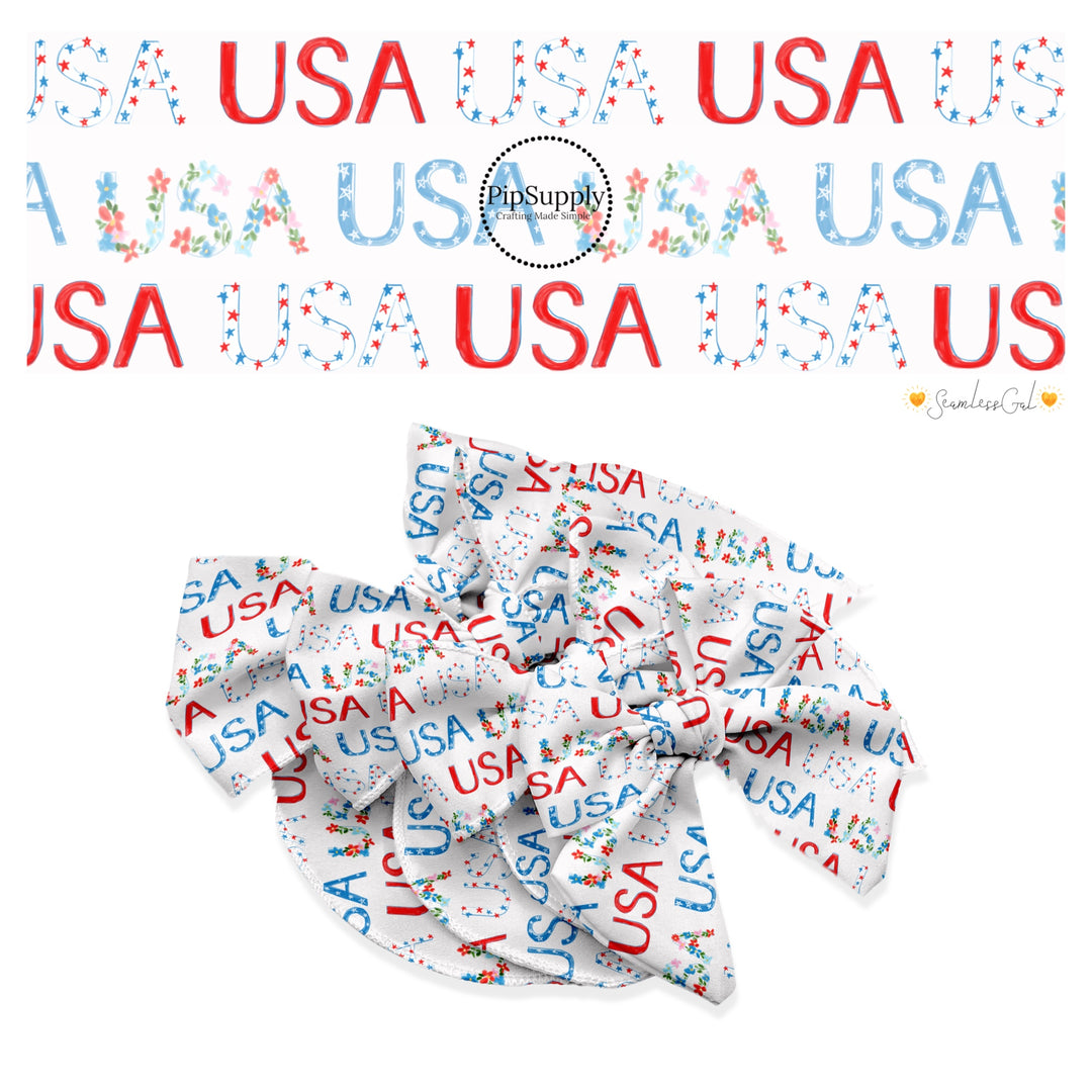 These 4th of July themed no sew bow strips can be easily tied and attached to a clip for a finished hair bow. These patterned bow strips are great for personal use or to sell. These bow strips feature patterned "USA" words on cream.