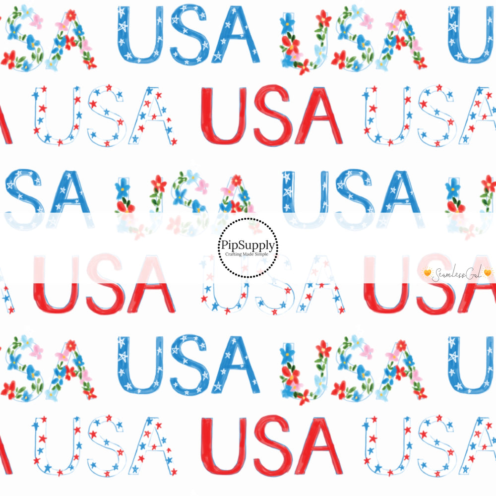 These 4th of July themed no sew bow strips can be easily tied and attached to a clip for a finished hair bow. These patterned bow strips are great for personal use or to sell. These bow strips feature patterned "USA" words on cream.