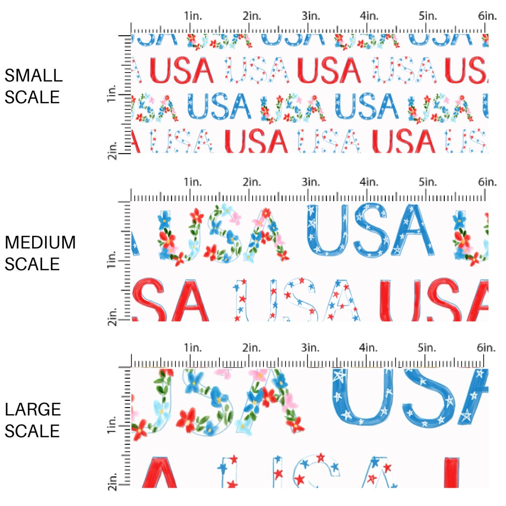 This scale chart of small scale, medium scale, and large scale of this 4th of July fabric by the yard features patterned "USA" words on cream. This fun patriotic themed fabric can be used for all your sewing and crafting needs!