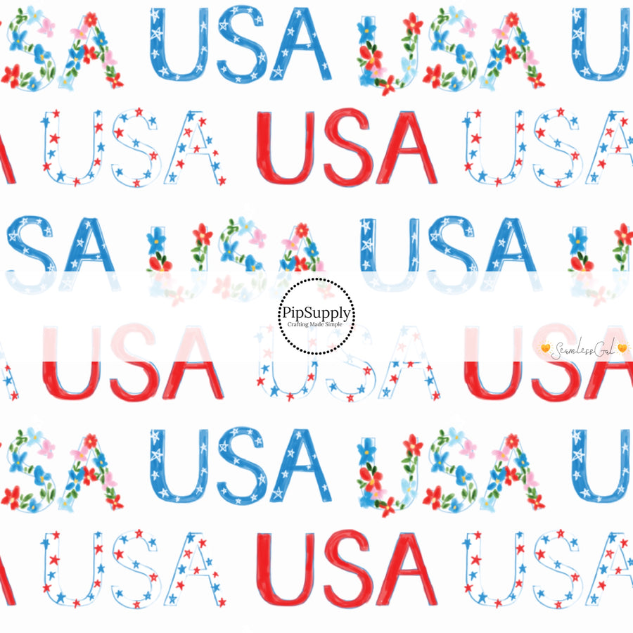 This 4th of July fabric by the yard features patterned "USA" words on cream. This fun patriotic themed fabric can be used for all your sewing and crafting needs!