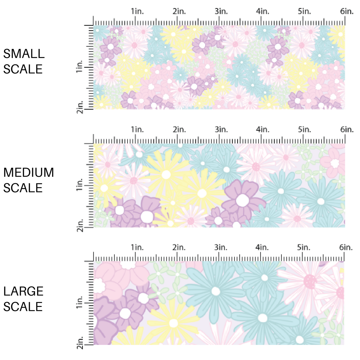 Purple, Blue, Pink, and Yellow Floral Spring Themed Fabric by the Yard scaled image guide.